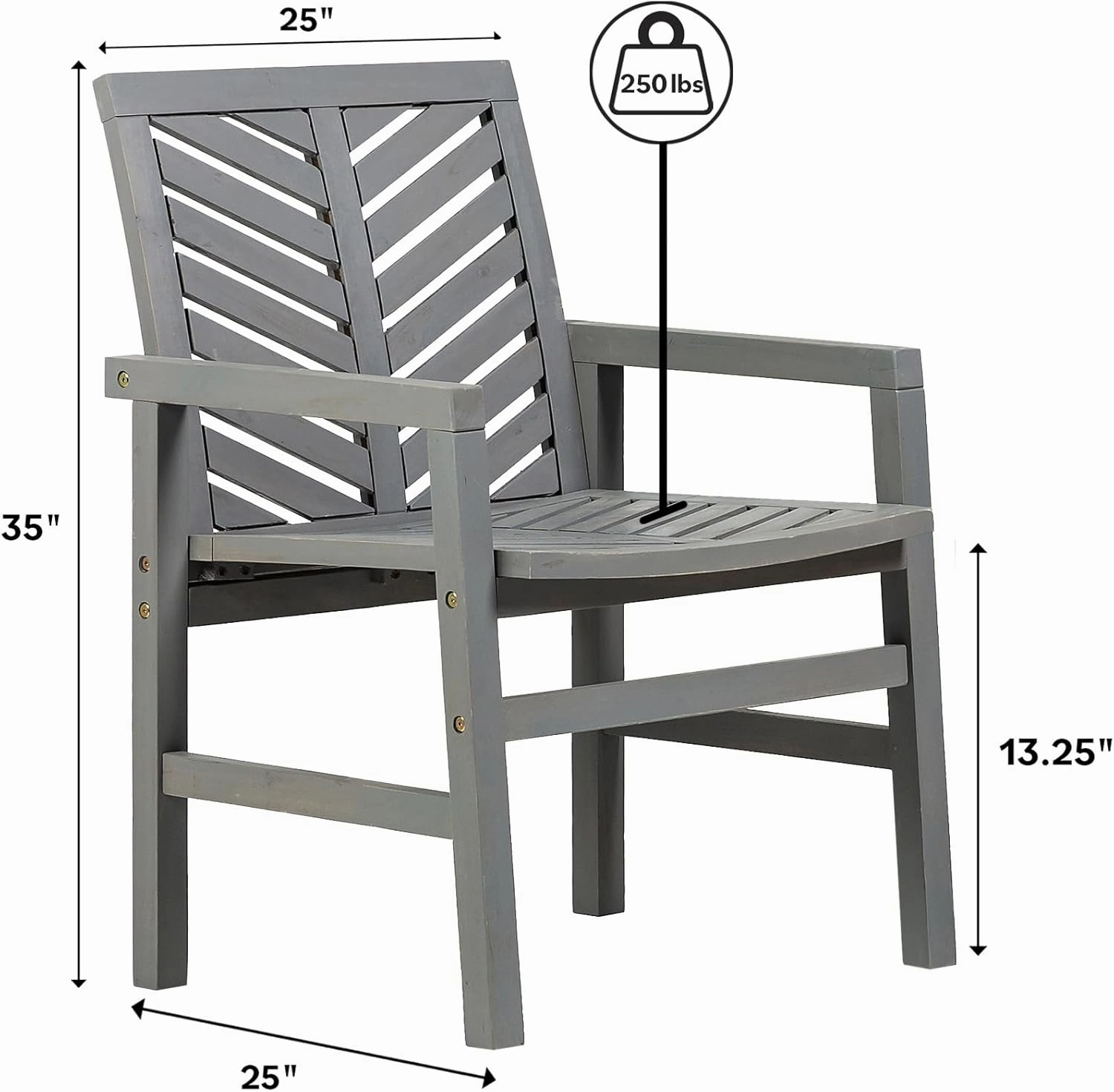Walker Edison 2 Piece Outdoor Patio Chevron Wood Chair Set All Weather Backyard Conversation Garden Poolside Balcony, Set of 2, Grey
