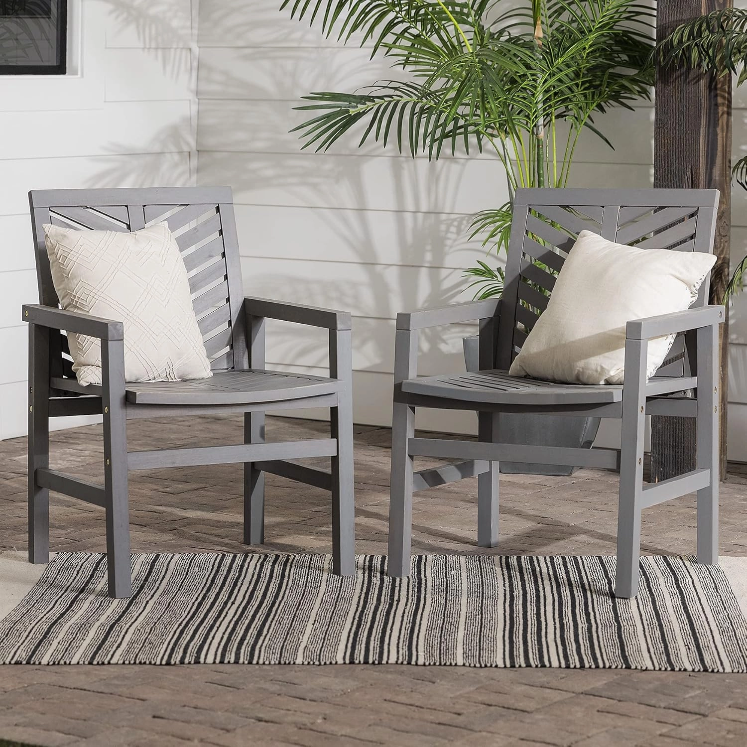 Walker Edison 2 Piece Outdoor Patio Chevron Wood Chair Set All Weather Backyard Conversation Garden Poolside Balcony, Set of 2, Grey