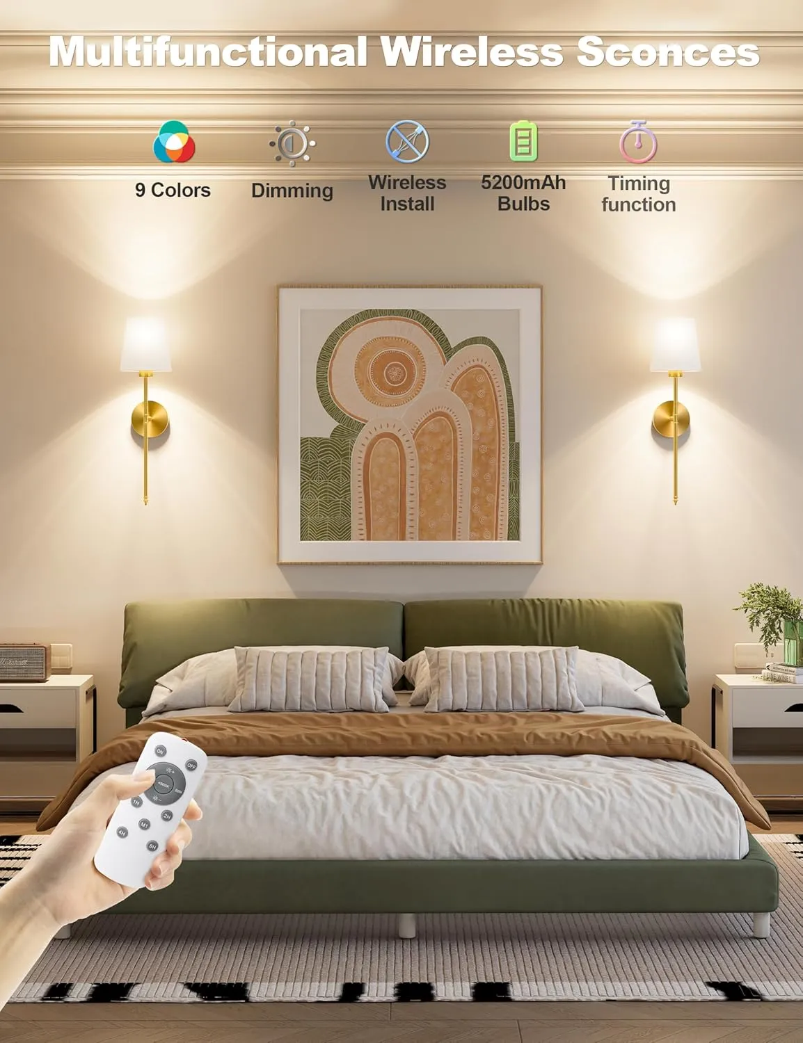 Wall Lights Battery Operated Wall Sconces Set of 2,Gold Wireless Wall Sconces with Remote,9 Colors Modes Rechargeable Wall lamp for Bedroom Living Room