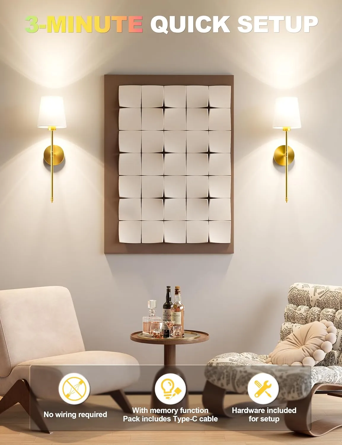 Wall Lights Battery Operated Wall Sconces Set of 2,Gold Wireless Wall Sconces with Remote,9 Colors Modes Rechargeable Wall lamp for Bedroom Living Room
