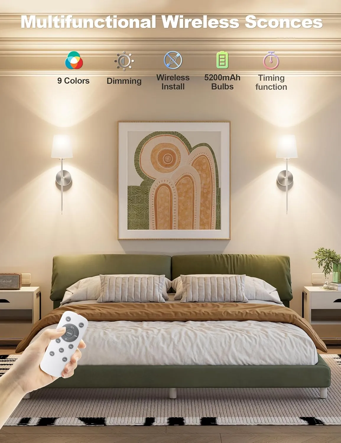 Wall Lights Battery Operated Wall Sconces Set of 2,Silver Wireless Wall Sconces with Remote,9 Colors Modes Rechargeable Wall lamp for Bedroom Living Room