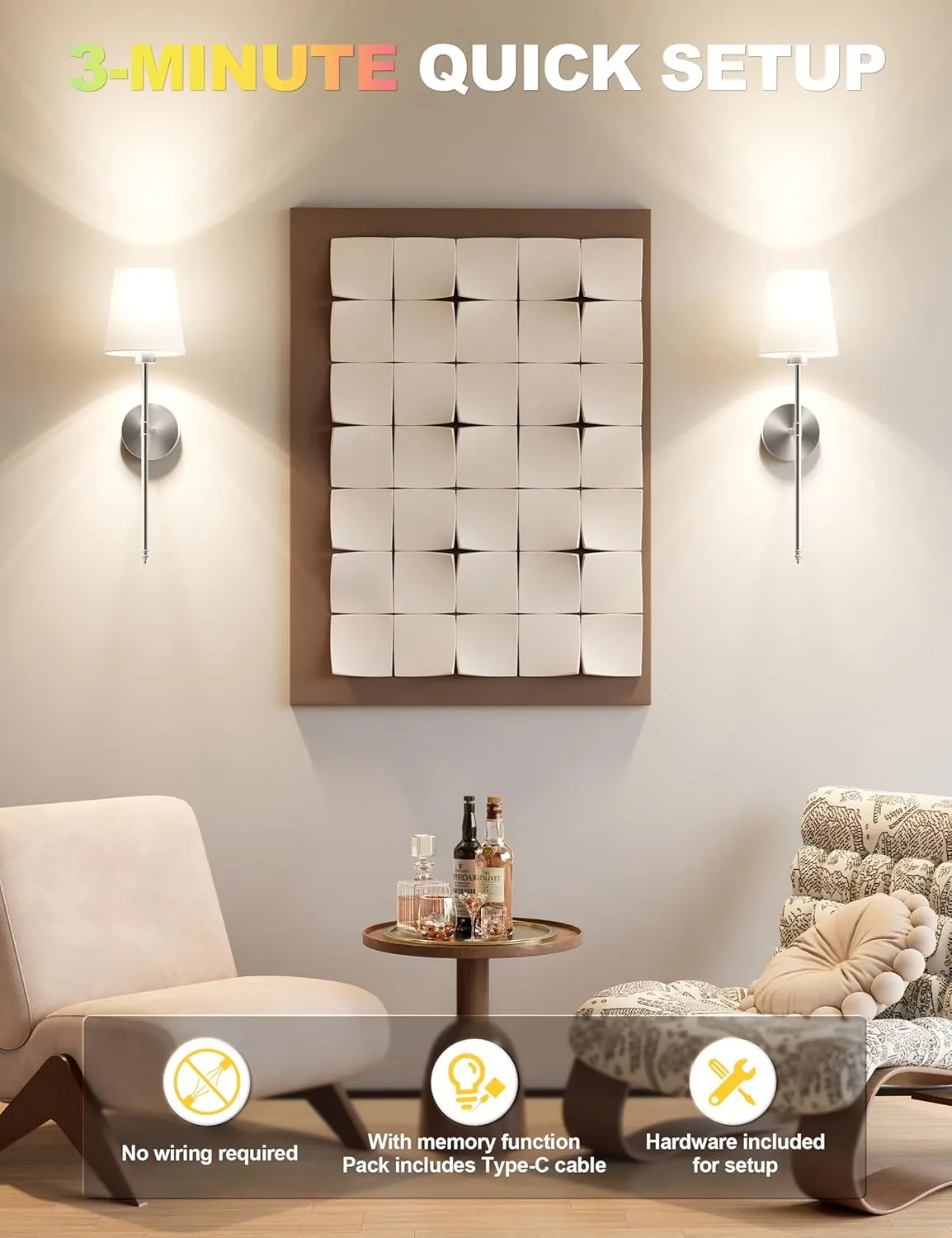 Wall Lights Battery Operated Wall Sconces Set of 2,Silver Wireless Wall Sconces with Remote,9 Colors Modes Rechargeable Wall lamp for Bedroom Living Room