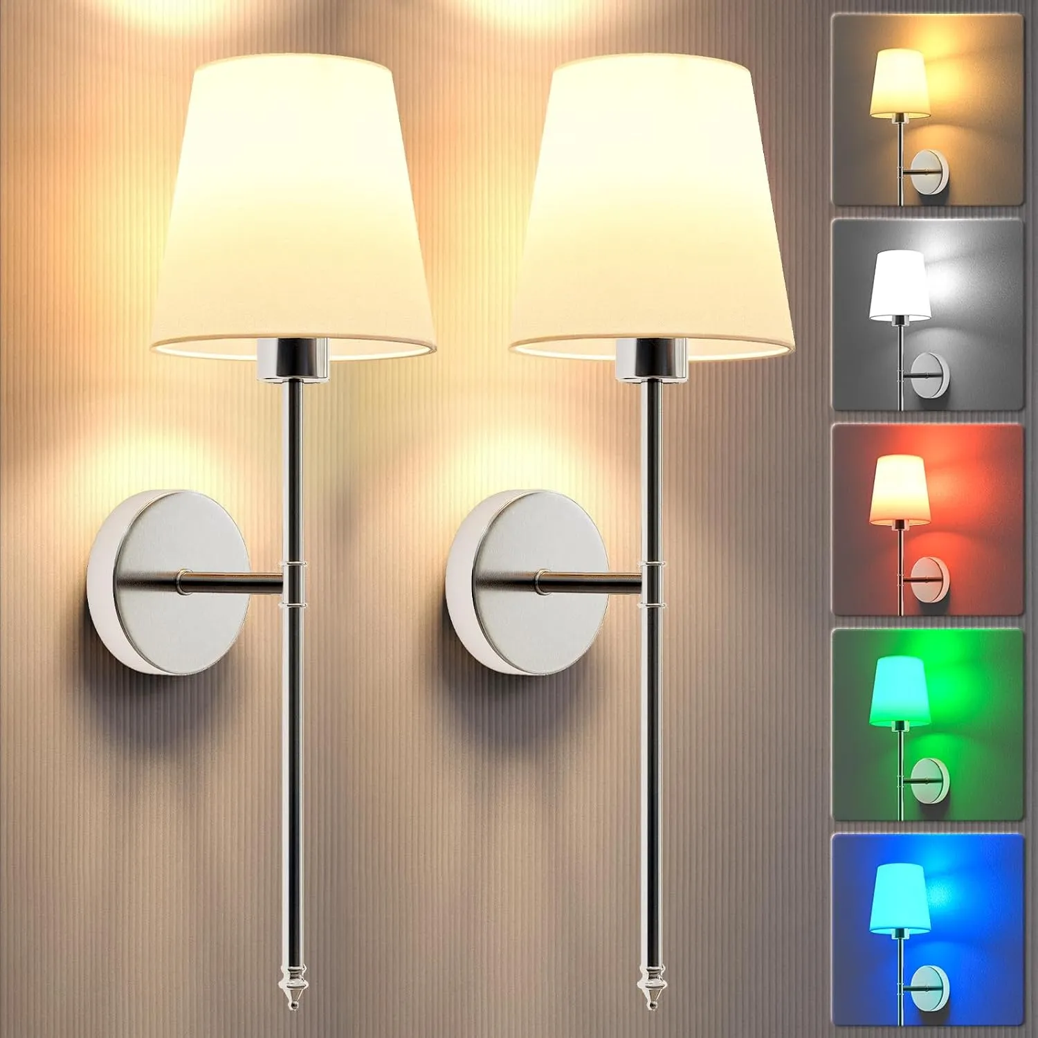 Wall Lights Battery Operated Wall Sconces Set of 2,Silver Wireless Wall Sconces with Remote,9 Colors Modes Rechargeable Wall lamp for Bedroom Living Room