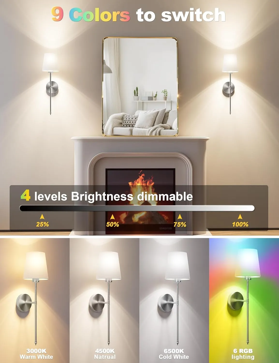 Wall Lights Battery Operated Wall Sconces Set of 2,Silver Wireless Wall Sconces with Remote,9 Colors Modes Rechargeable Wall lamp for Bedroom Living Room