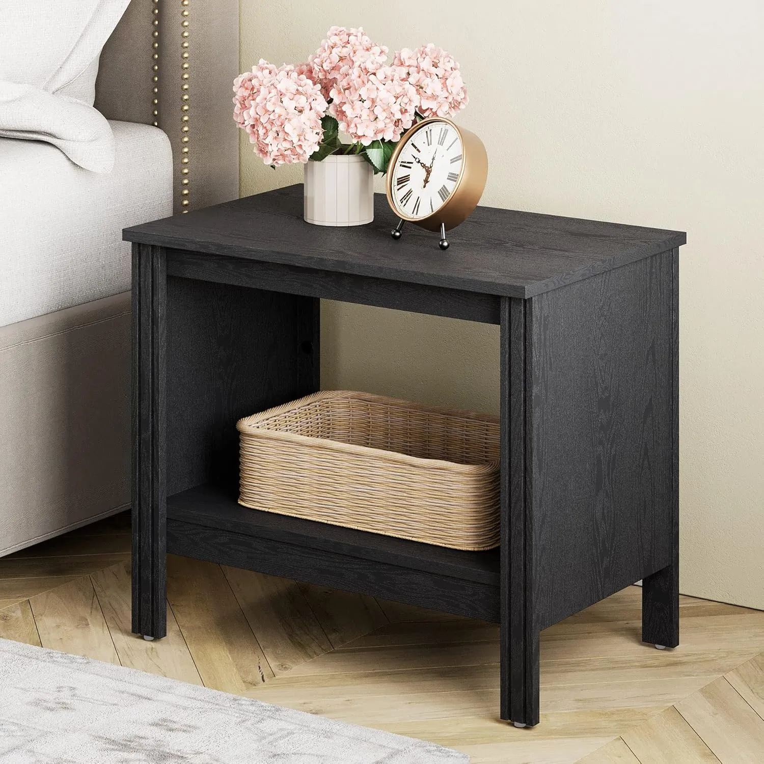 WAMPAT Black End Tables Set of 2, Small Square Side Table for Living Room, 2-Tier Wood Nightstand with Storage Shelf for Bedroom, Office, 20 Inch Modern Simple Coffee Table