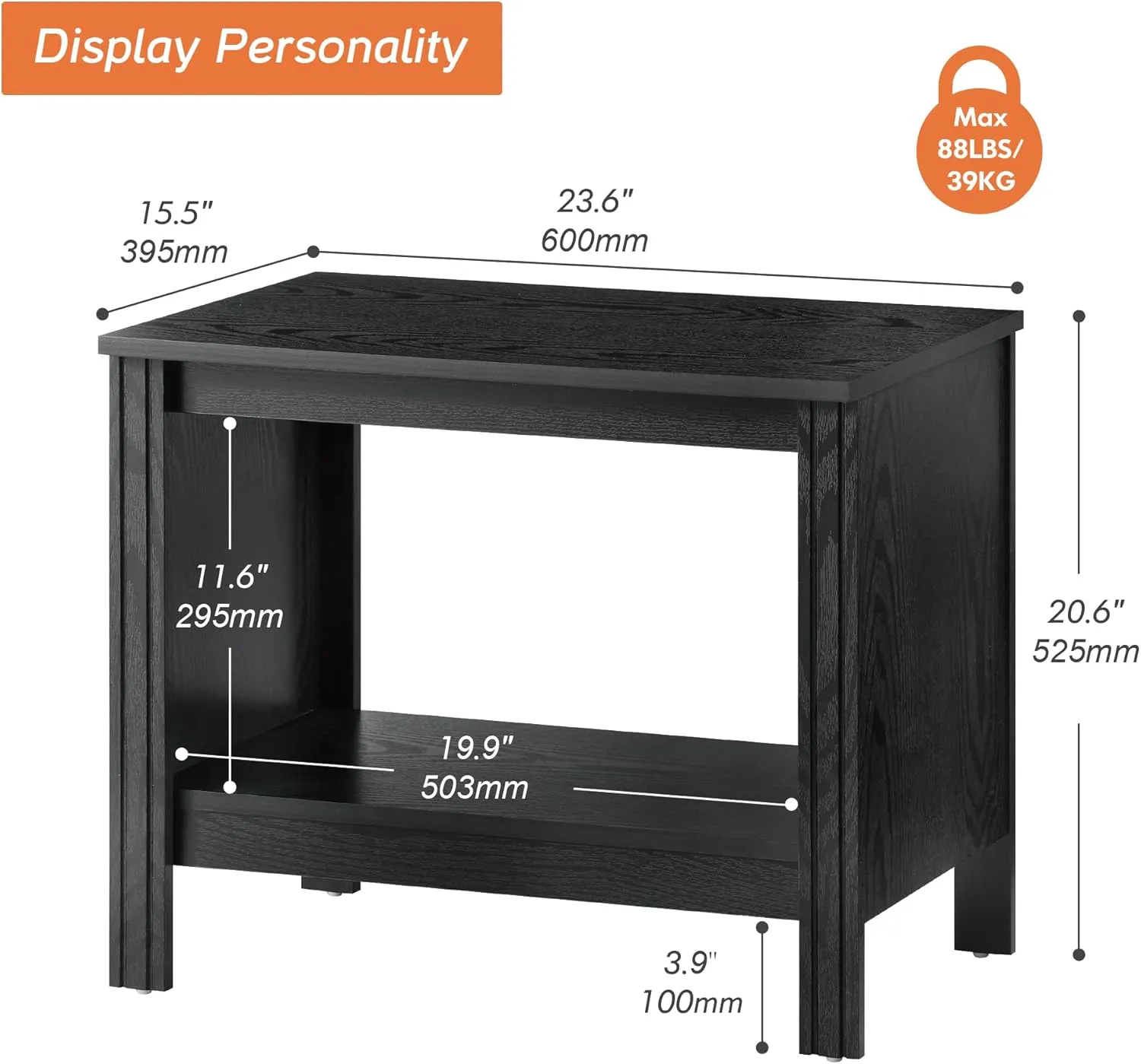 WAMPAT Black End Tables Set of 2, Small Square Side Table for Living Room, 2-Tier Wood Nightstand with Storage Shelf for Bedroom, Office, 20 Inch Modern Simple Coffee Table