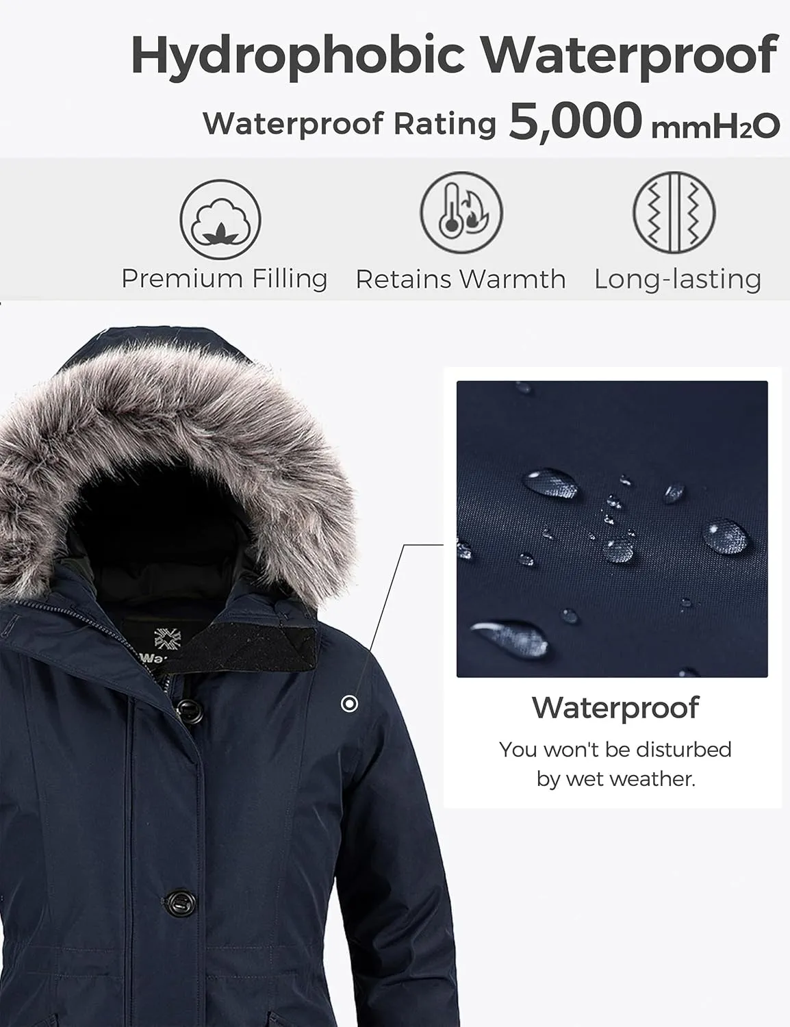 wantdo Women's Hooded Winter Coat Waterproof Warm Long Puffer Jacket Parka