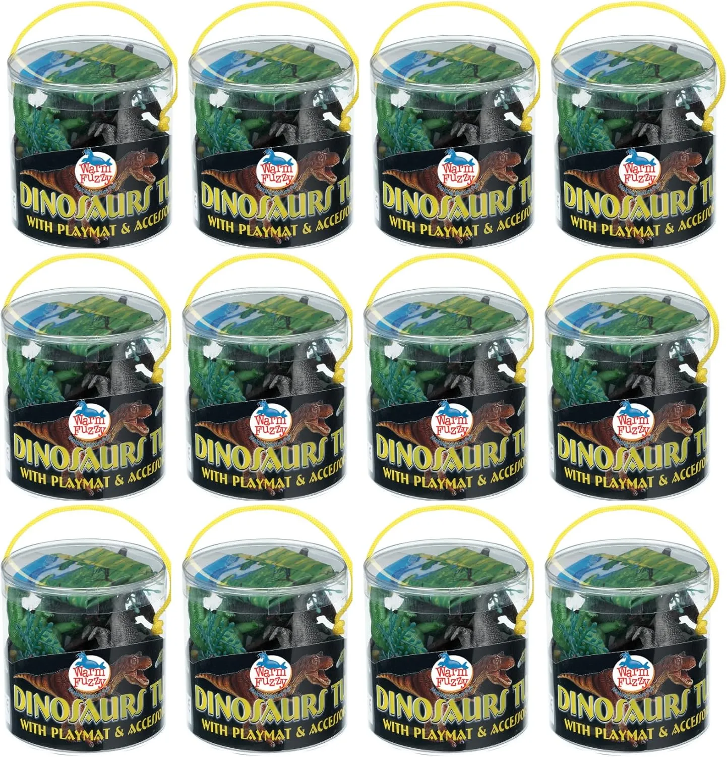 WARM FUZZY Toys Educational Toys for Kids - Full Case of 12 Tub with Assorted Dinosaur Figurines - Each Tub include 17”x12” Plastic Playmat for Party Favor,Prize Box,PTA Carnival or School Fundraisers
