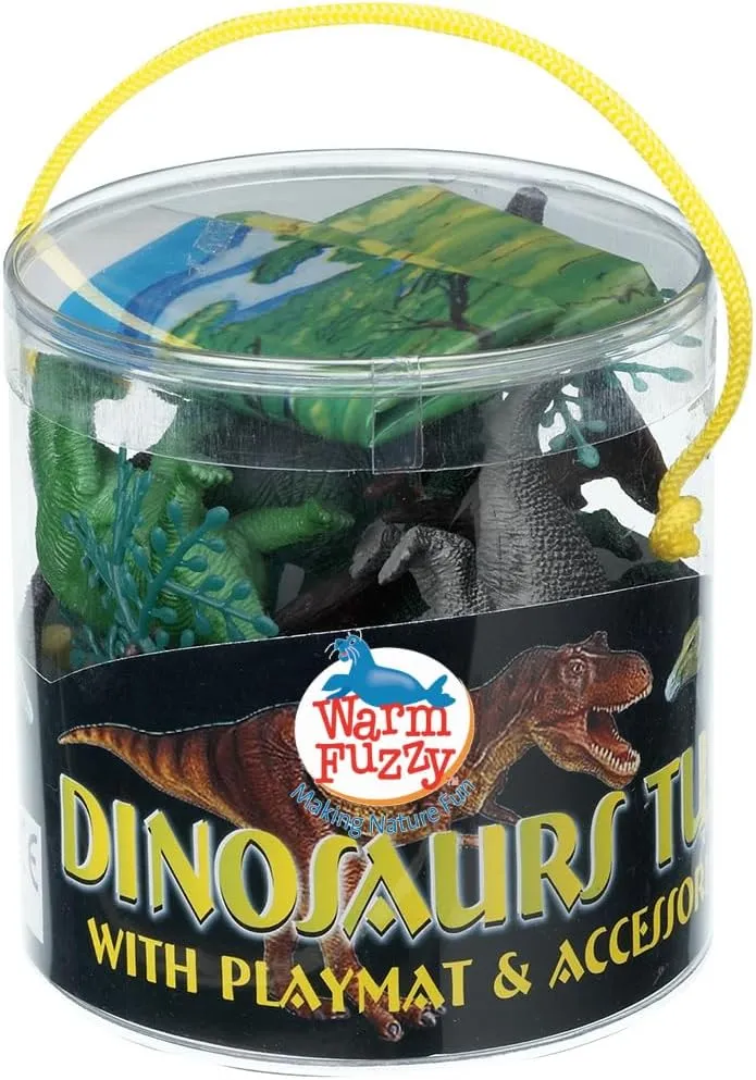 WARM FUZZY Toys Educational Toys for Kids - Full Case of 12 Tub with Assorted Dinosaur Figurines - Each Tub include 17”x12” Plastic Playmat for Party Favor,Prize Box,PTA Carnival or School Fundraisers