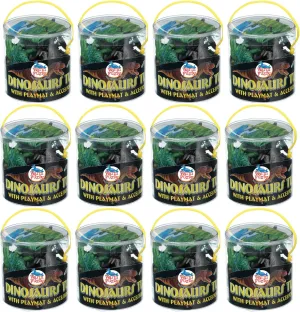 WARM FUZZY Toys Educational Toys for Kids - Full Case of 12 Tub with Assorted Dinosaur Figurines - Each Tub include 17”x12” Plastic Playmat for Party Favor,Prize Box,PTA Carnival or School Fundraisers