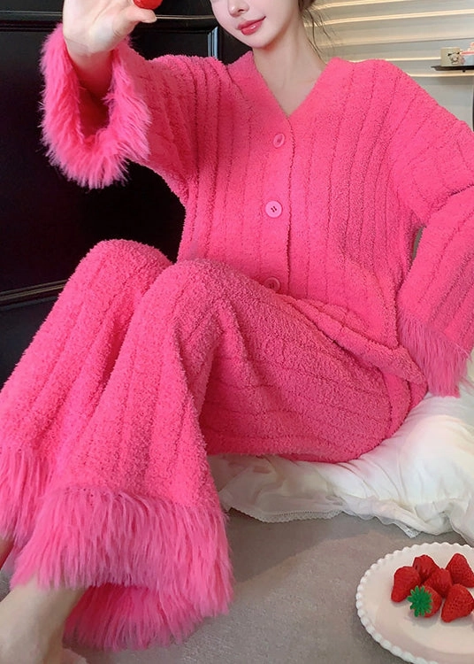 Warm Rose V Neck Button Fluffy Pajamas Two Pieces Set Winter WM026
