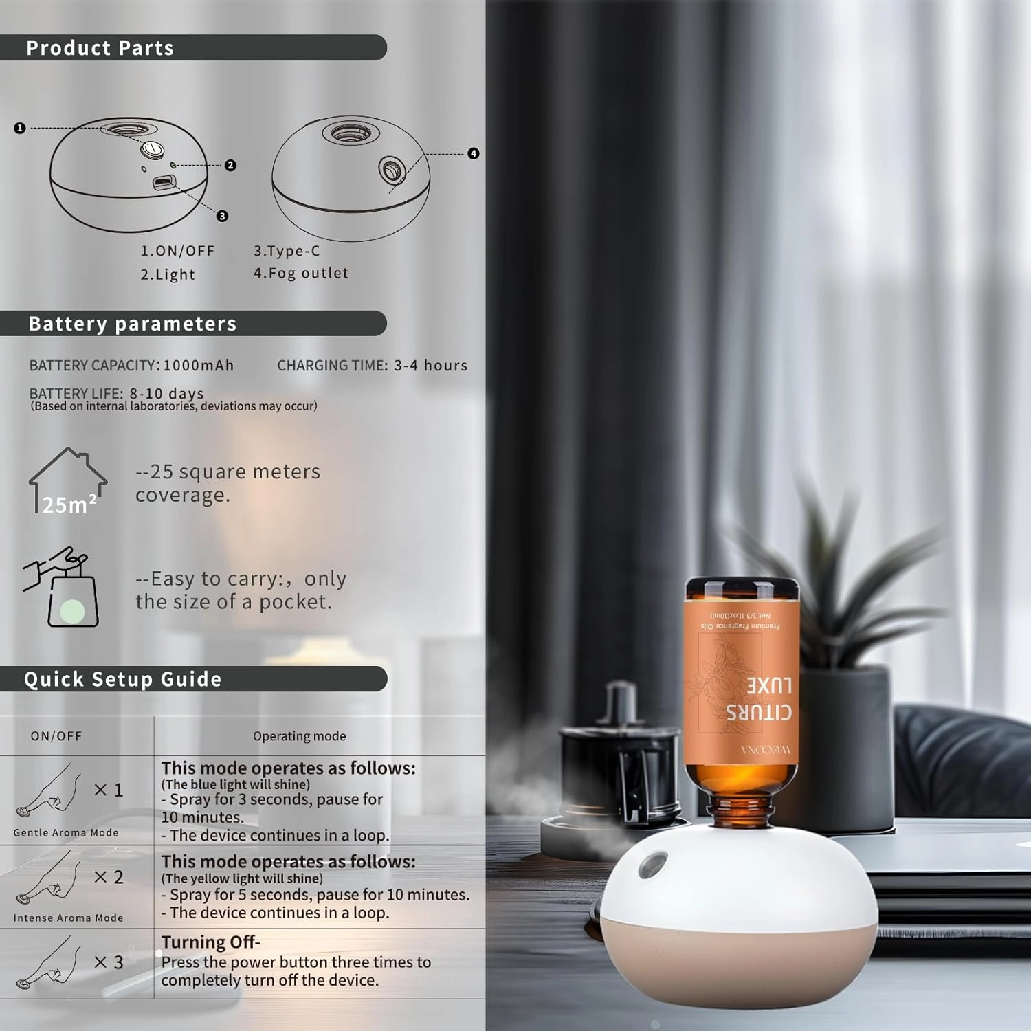 Waterless Rechargeable Scent Diffuser – Hotel Collection Diffuser Set with 6 Hotel Essential Oils – Two Intensity Modes – Home & Office Fragrance Machine