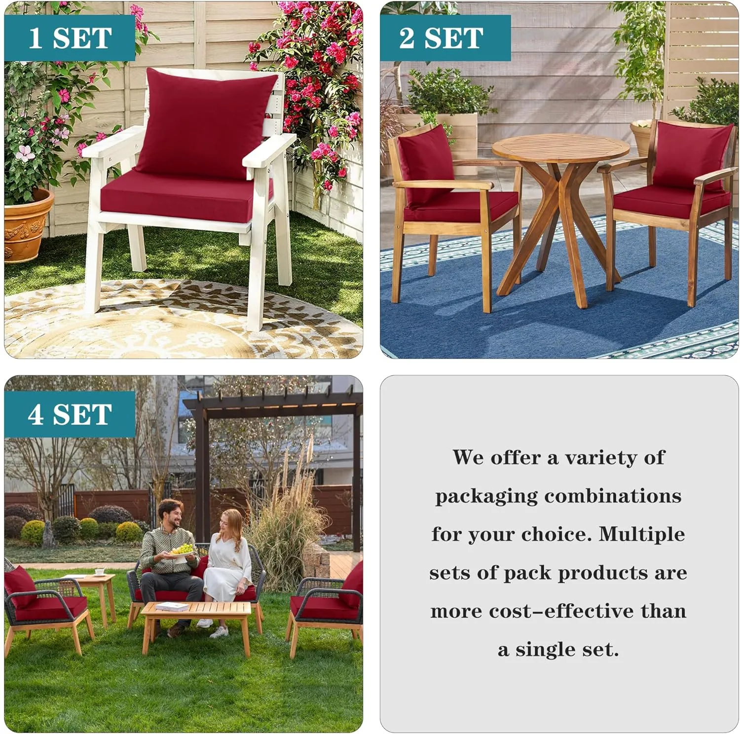 Waterproof Outdoor Chair Cushion Set, Fade and Tear Resistant Patio Furniture Cushions with Removeable Covers, 24x24 Inch, Burgundy, Set of 4
