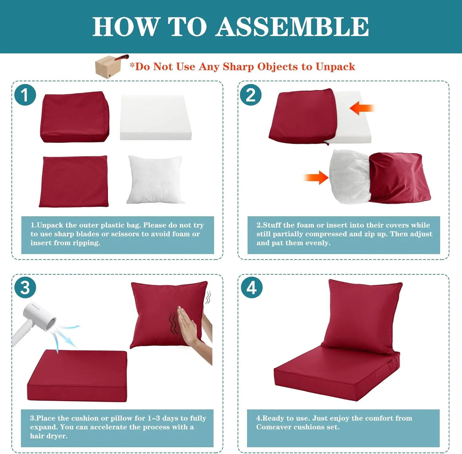 Waterproof Outdoor Chair Cushion Set, Fade and Tear Resistant Patio Furniture Cushions with Removeable Covers, 24x24 Inch, Burgundy, Set of 4