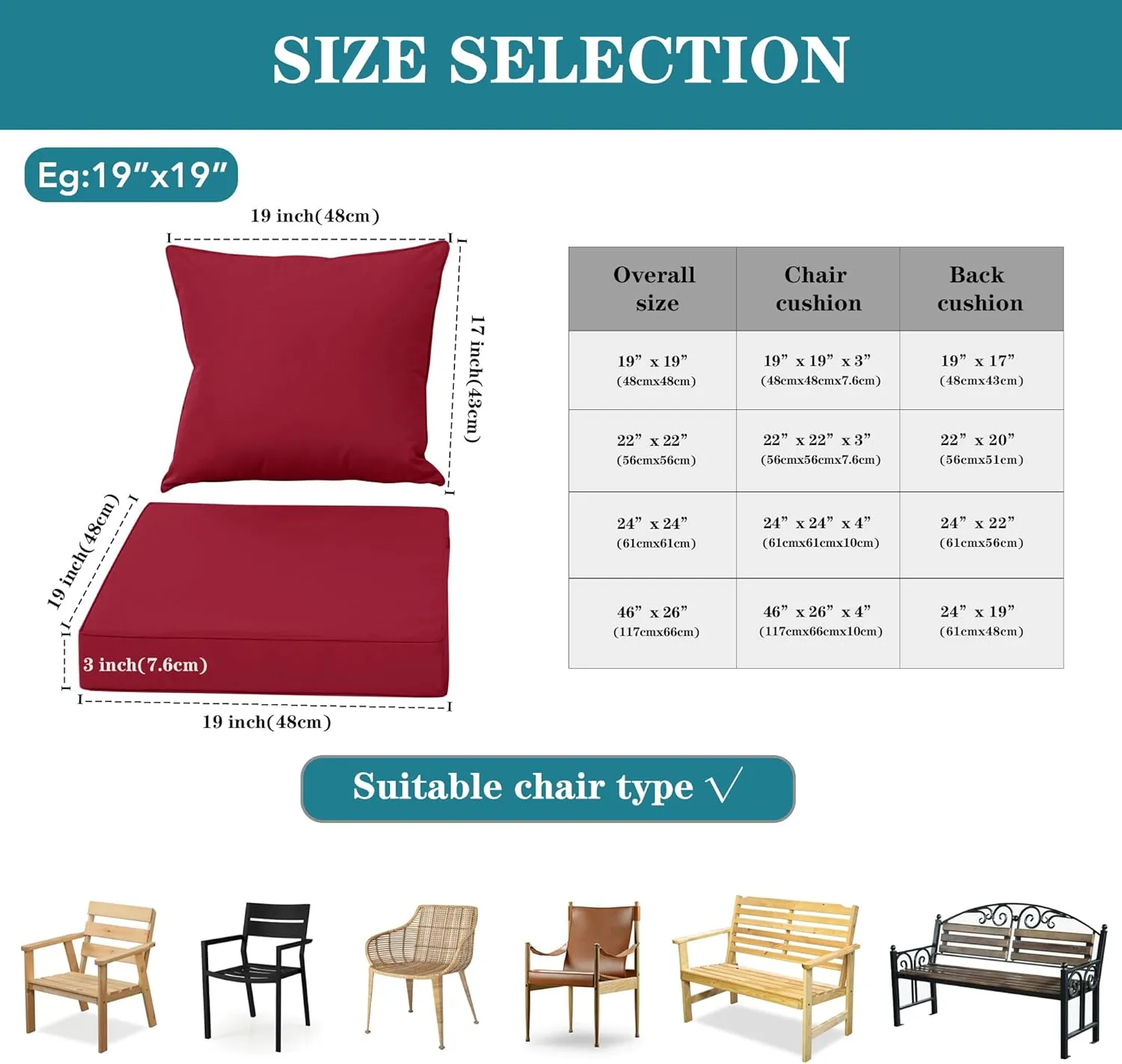 Waterproof Outdoor Chair Cushion Set, Fade and Tear Resistant Patio Furniture Cushions with Removeable Covers, 24x24 Inch, Burgundy, Set of 4