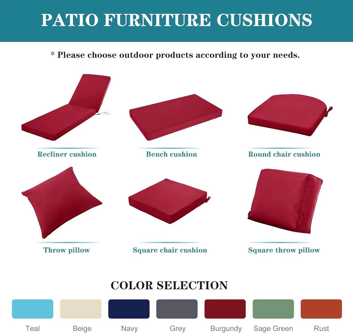 Waterproof Outdoor Chair Cushion Set, Fade and Tear Resistant Patio Furniture Cushions with Removeable Covers, 24x24 Inch, Burgundy, Set of 4