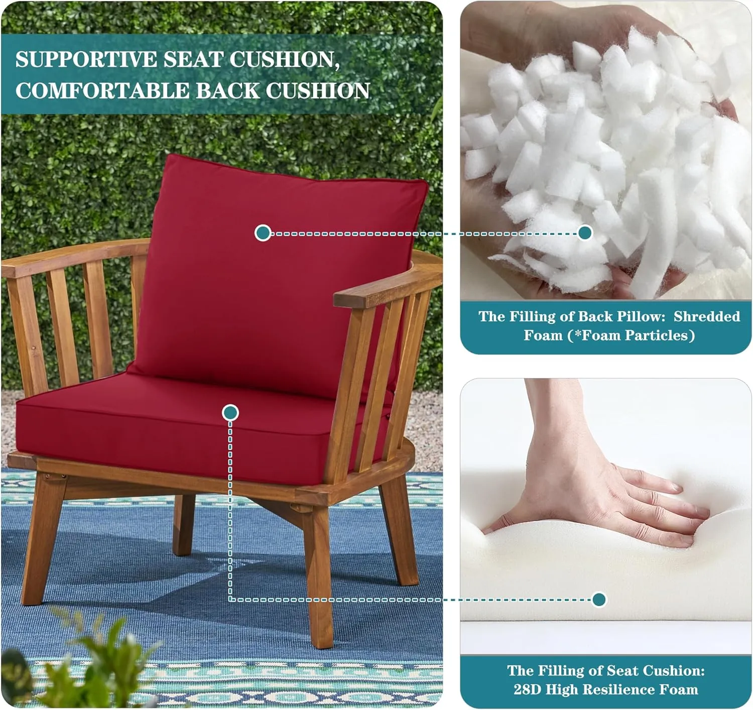 Waterproof Outdoor Chair Cushion Set, Fade and Tear Resistant Patio Furniture Cushions with Removeable Covers, 24x24 Inch, Burgundy, Set of 4