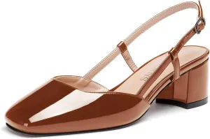 WAYDERNS Women's Ankle Strap Square Toe Block Patent Leather Slingback Chunky Low Heel Pumps Shoes 2 Inch