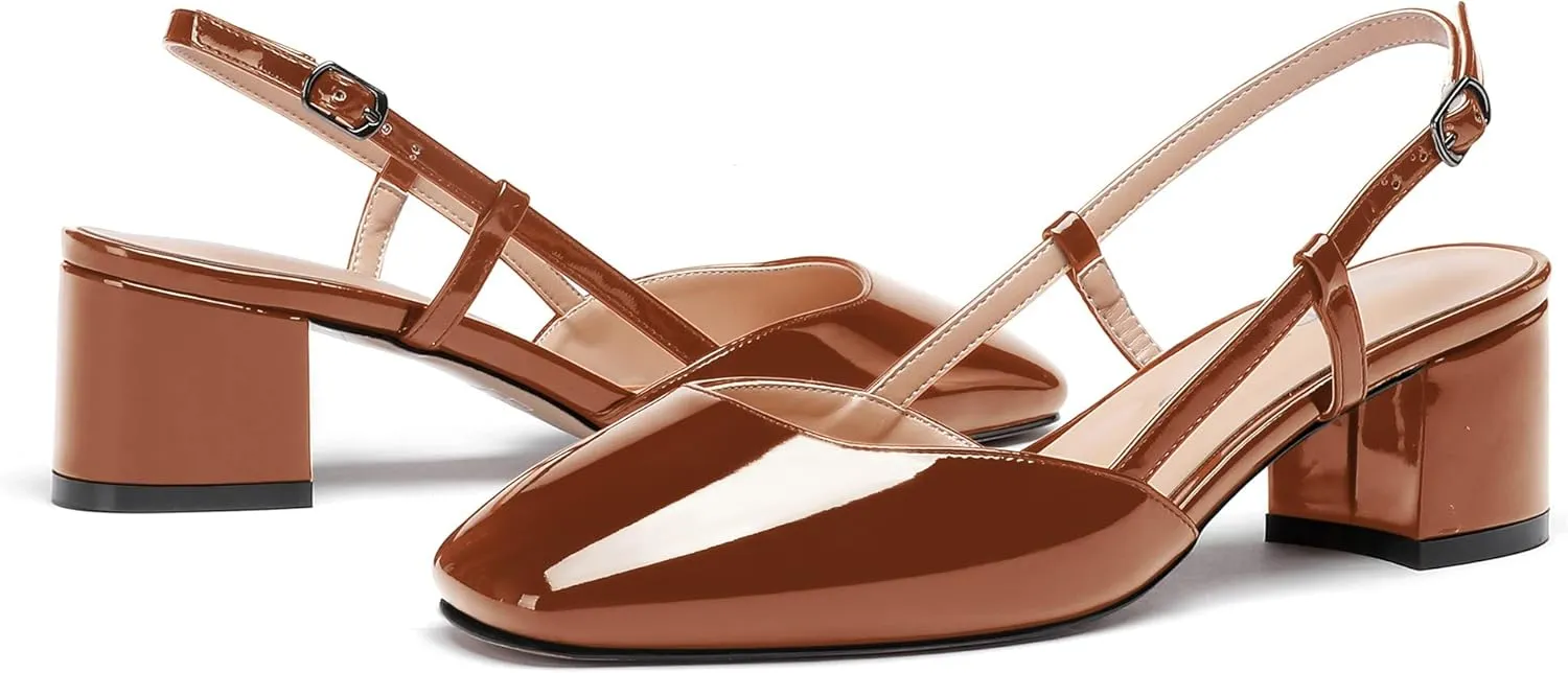 WAYDERNS Women's Ankle Strap Square Toe Block Patent Leather Slingback Chunky Low Heel Pumps Shoes 2 Inch