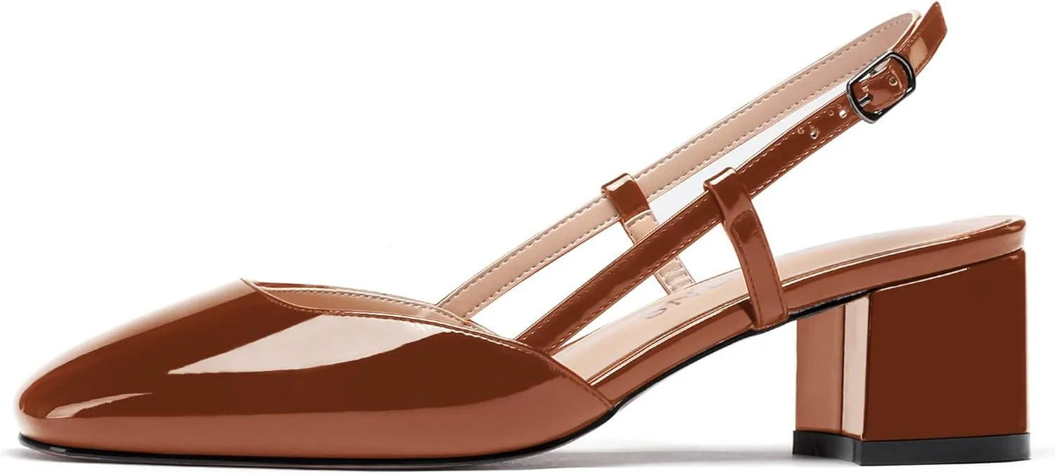 WAYDERNS Women's Ankle Strap Square Toe Block Patent Leather Slingback Chunky Low Heel Pumps Shoes 2 Inch
