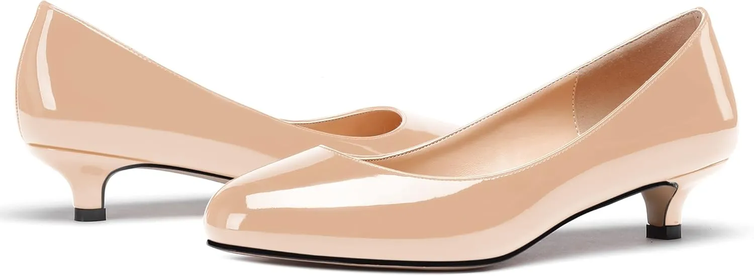 WAYDERNS Women's Patent Round Toe Slip On Low Kitten Heel Pumps Offress Work Dress Shoes 1.5 Inch
