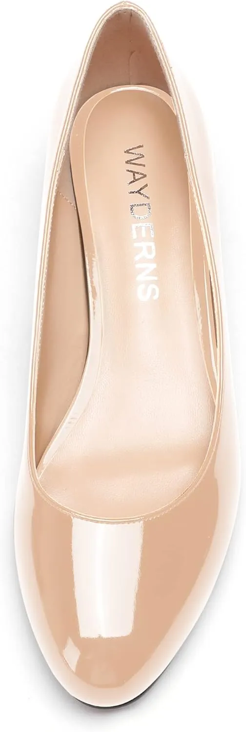 WAYDERNS Women's Patent Round Toe Slip On Low Kitten Heel Pumps Offress Work Dress Shoes 1.5 Inch