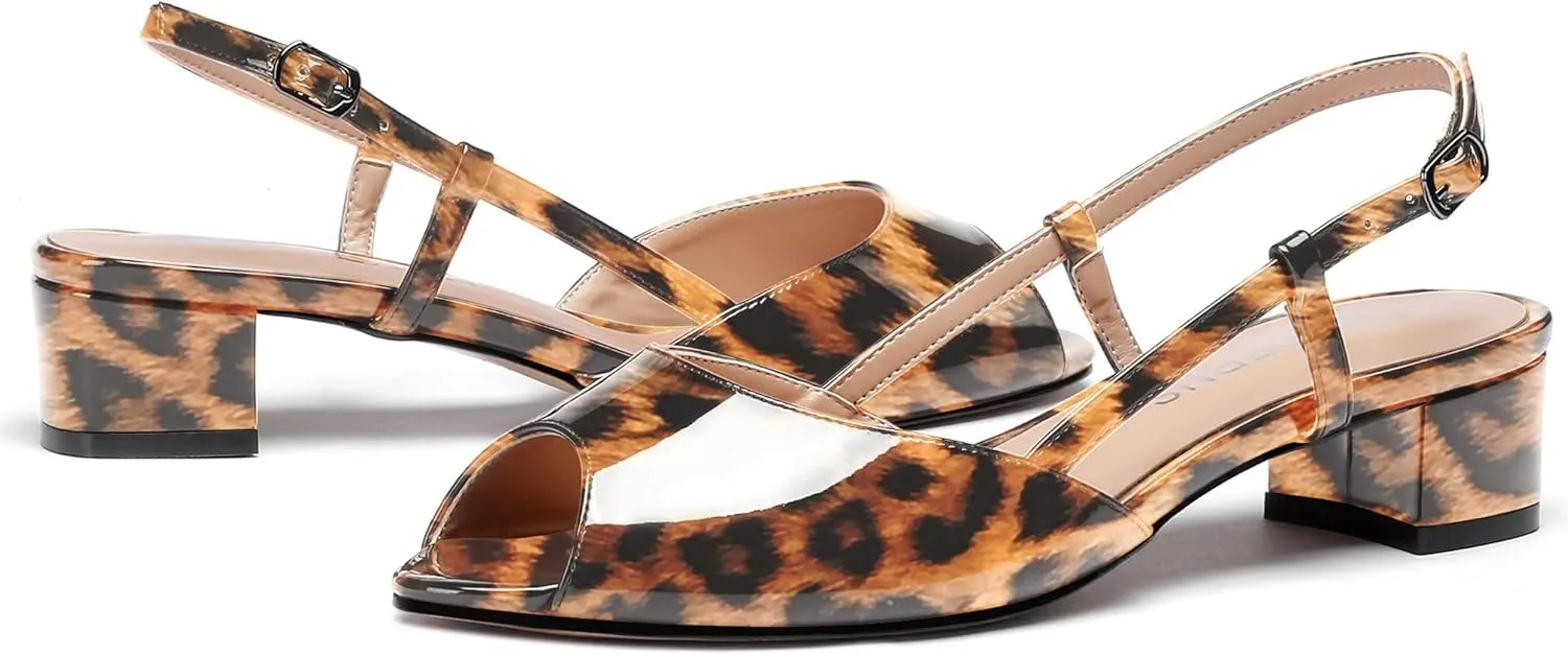 WAYDERNS Women's Slingback Patent Ankle Strap Peep Toe Chunky Low Heel Pumps Shoes 1.5 Inch