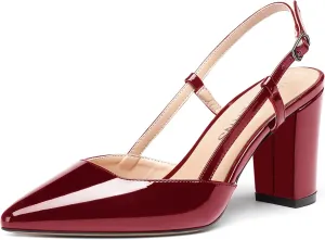 WAYDERNS Women's Slingback Pointed Toe Patent Ankle Strap Block High Heel Pumps Wedding Event Dress Shoes 3 Inch