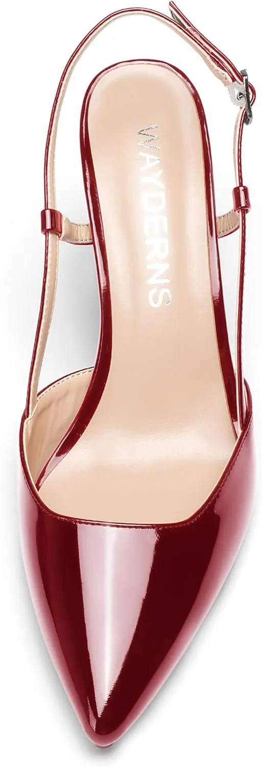 WAYDERNS Women's Slingback Pointed Toe Patent Ankle Strap Block High Heel Pumps Wedding Event Dress Shoes 3 Inch