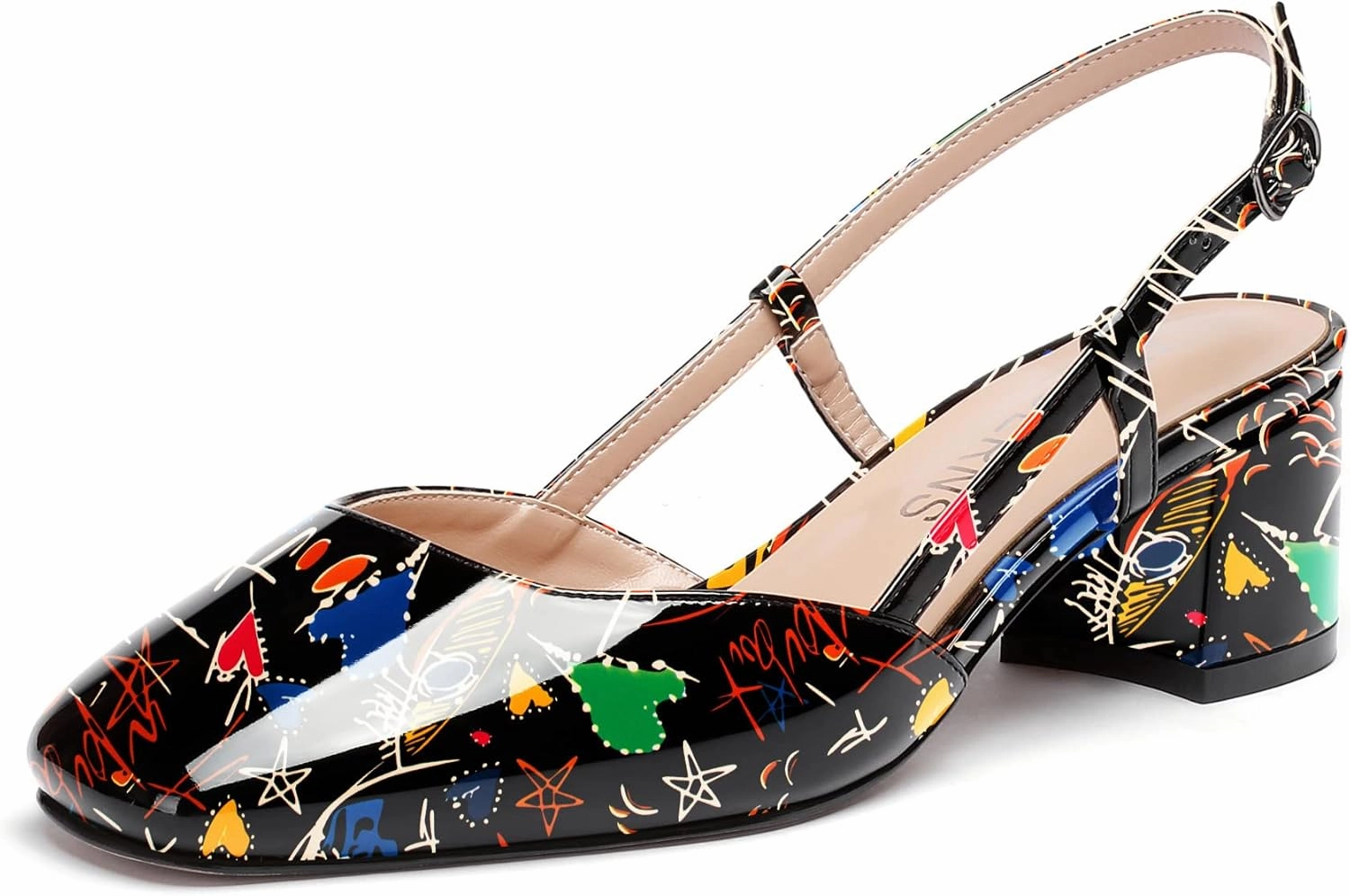 WAYDERNS Women's Ankle Strap Square Toe Block Patent Leather Slingback Chunky Low Heel Pumps Shoes 2 Inch
