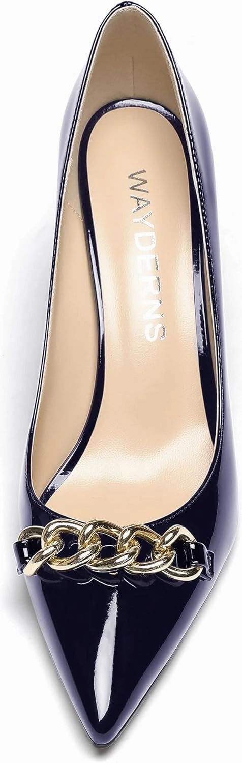 WAYDERNS Women's Gold Metal Chain Patent Pointed Toe Slip On Stiletto High Heel Pumps Shoes 3.5 Inch