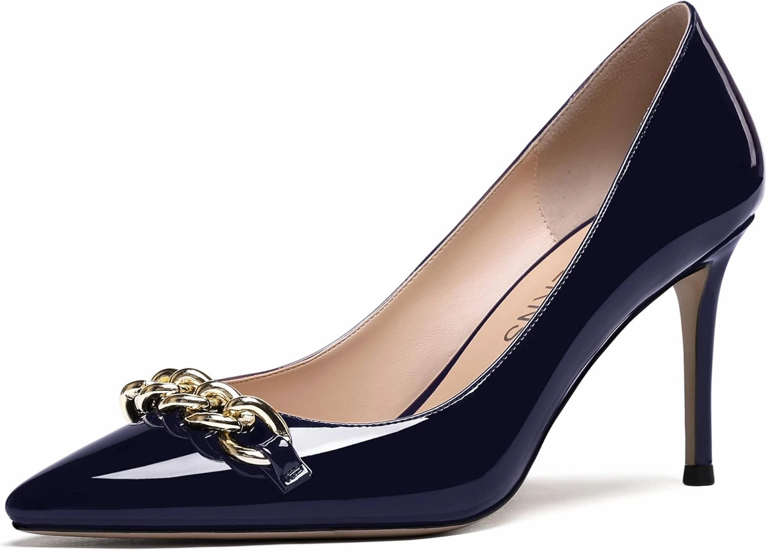 WAYDERNS Women's Gold Metal Chain Patent Pointed Toe Slip On Stiletto High Heel Pumps Shoes 3.5 Inch