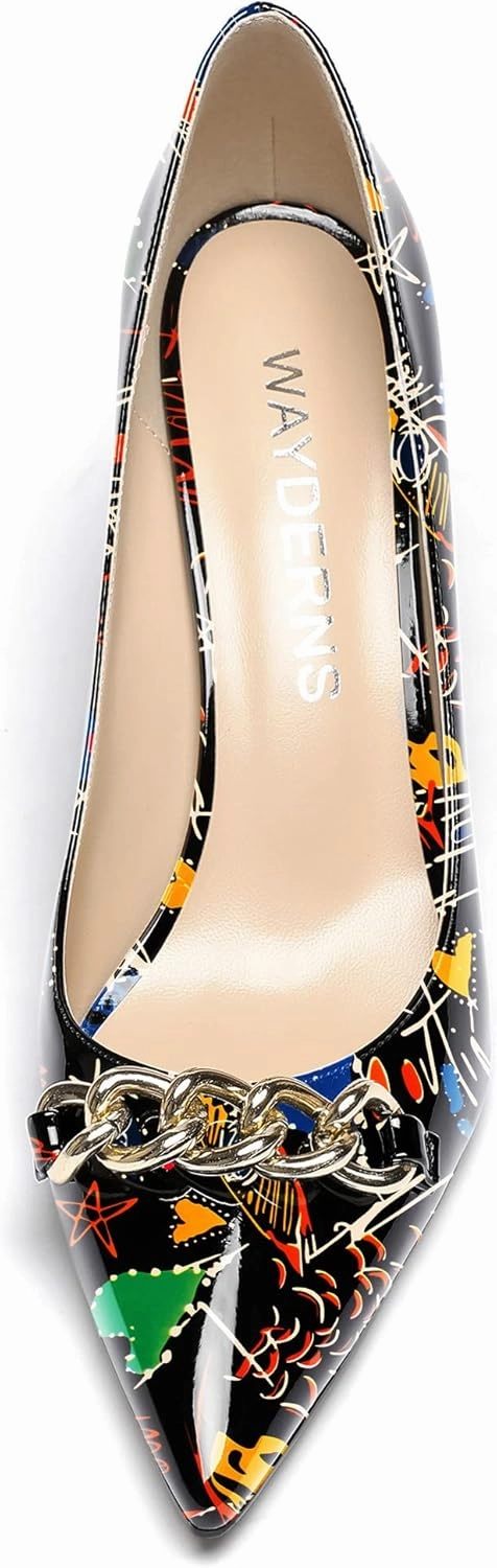 WAYDERNS Women's Gold Metal Chain Patent Pointed Toe Slip On Stiletto High Heel Pumps Shoes 3.5 Inch