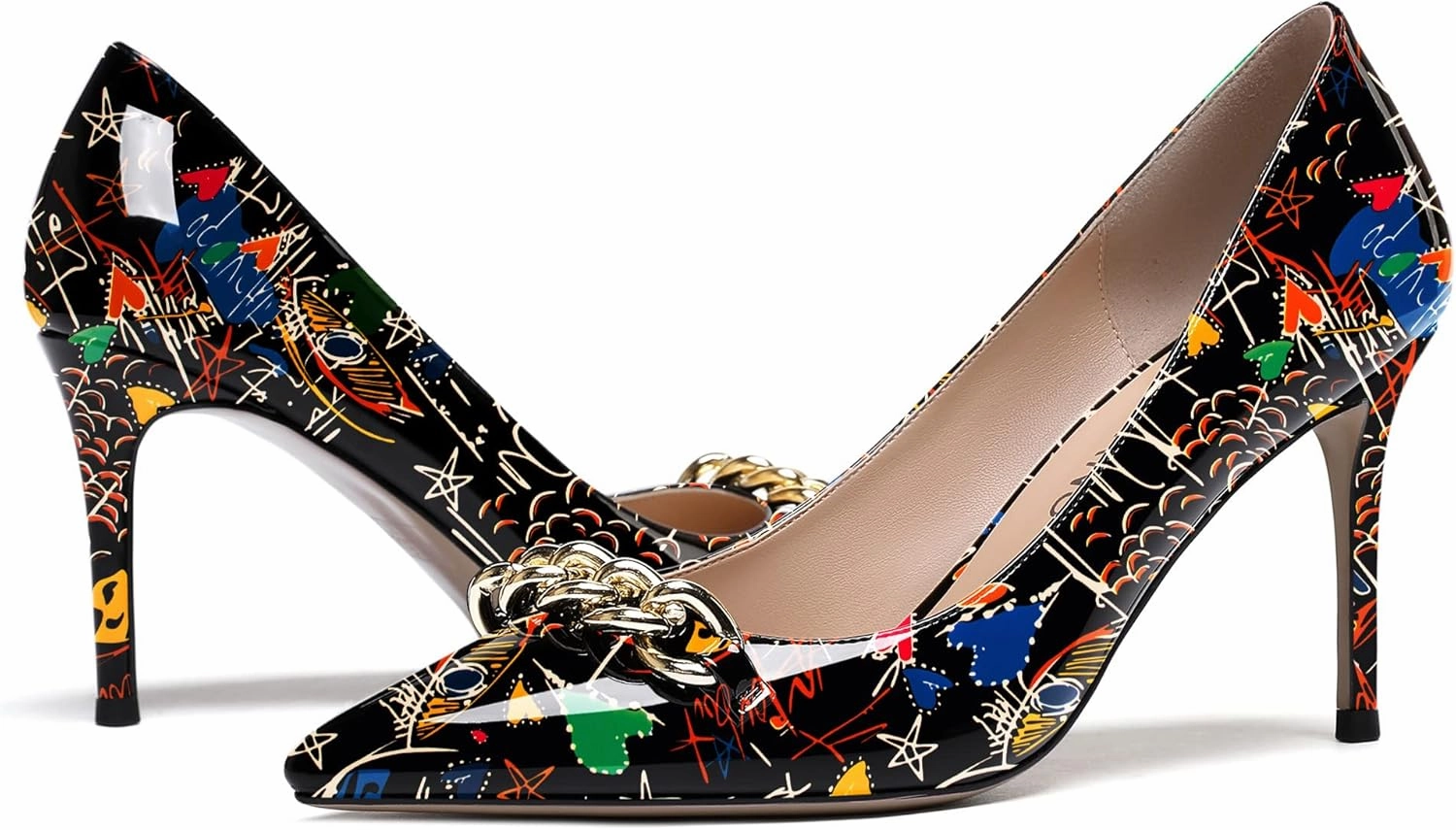WAYDERNS Women's Gold Metal Chain Patent Pointed Toe Slip On Stiletto High Heel Pumps Shoes 3.5 Inch