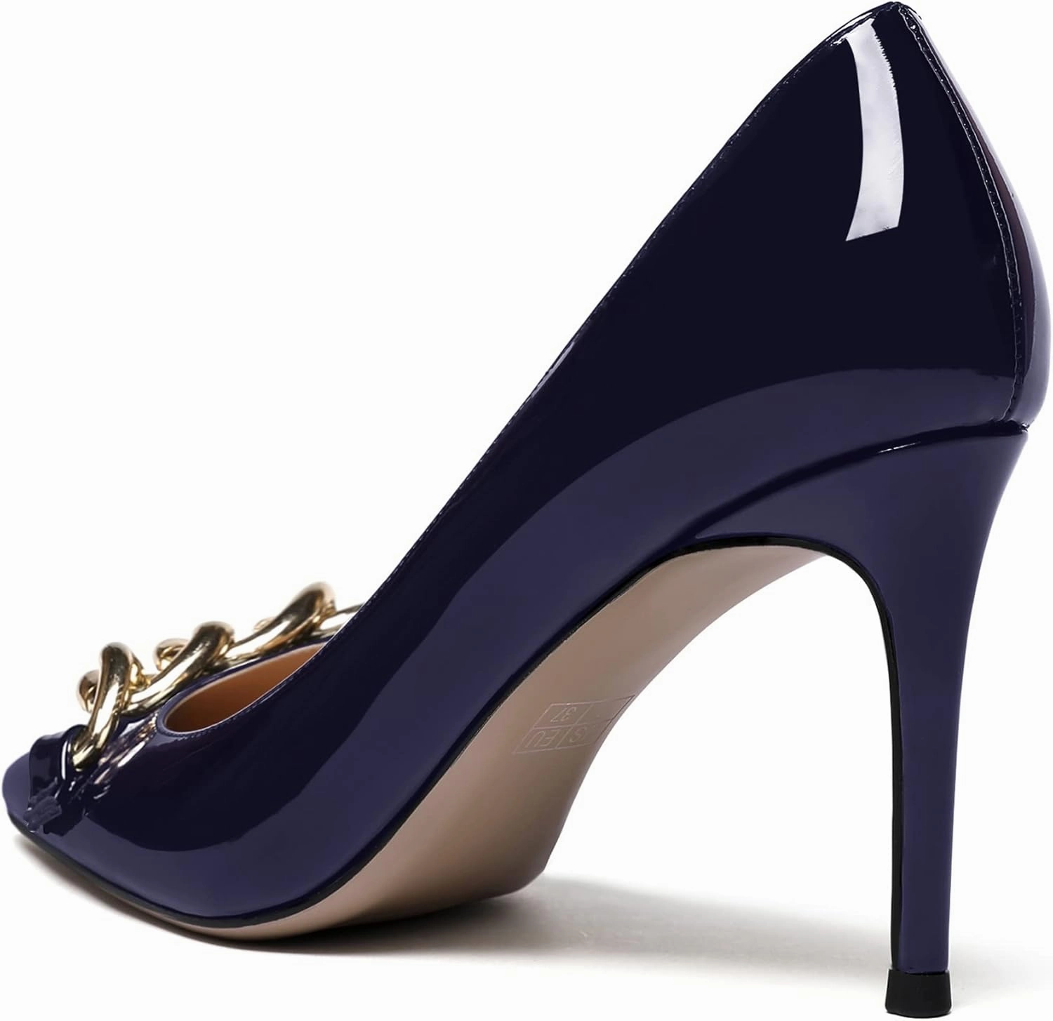 WAYDERNS Women's Gold Metal Chain Patent Pointed Toe Slip On Stiletto High Heel Pumps Shoes 3.5 Inch
