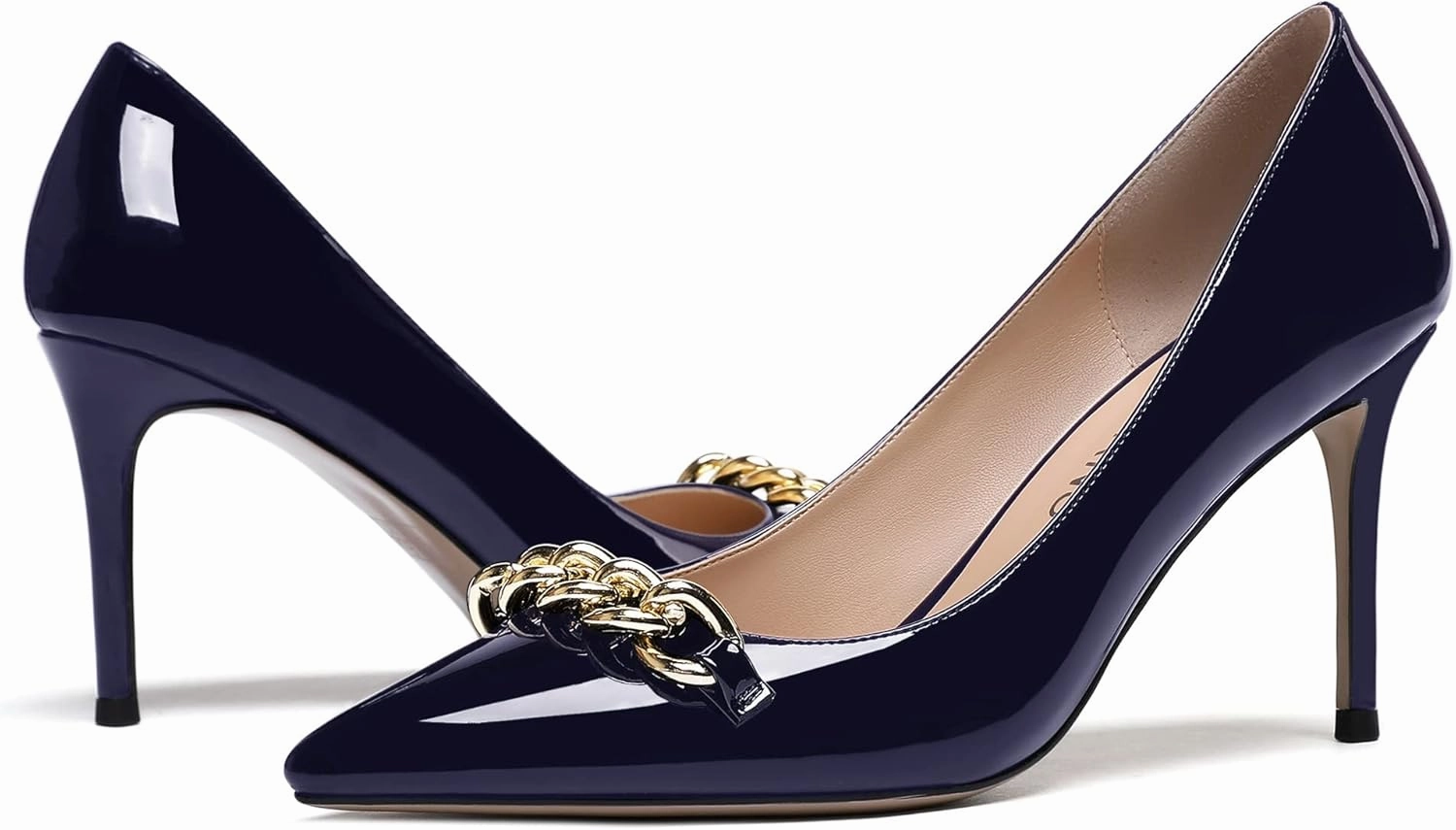 WAYDERNS Women's Gold Metal Chain Patent Pointed Toe Slip On Stiletto High Heel Pumps Shoes 3.5 Inch