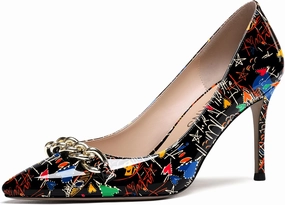 WAYDERNS Women's Gold Metal Chain Patent Pointed Toe Slip On Stiletto High Heel Pumps Shoes 3.5 Inch
