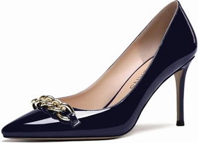 WAYDERNS Women's Gold Metal Chain Patent Pointed Toe Slip On Stiletto High Heel Pumps Shoes 3.5 Inch