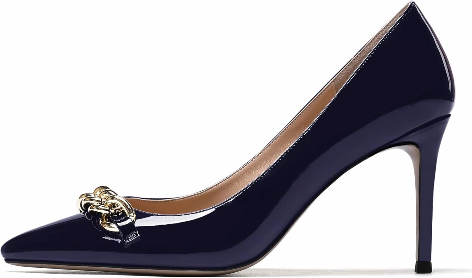 WAYDERNS Women's Gold Metal Chain Patent Pointed Toe Slip On Stiletto High Heel Pumps Shoes 3.5 Inch
