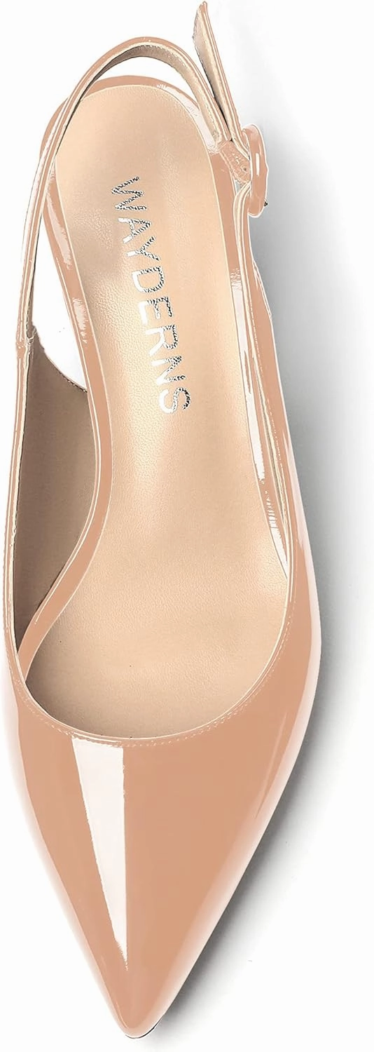 WAYDERNS Women's Patent Leather Ankle Strap Pointed Toe Slingback Low Kitten Heel Pumps Office Work Dress Shoes 2 Inch