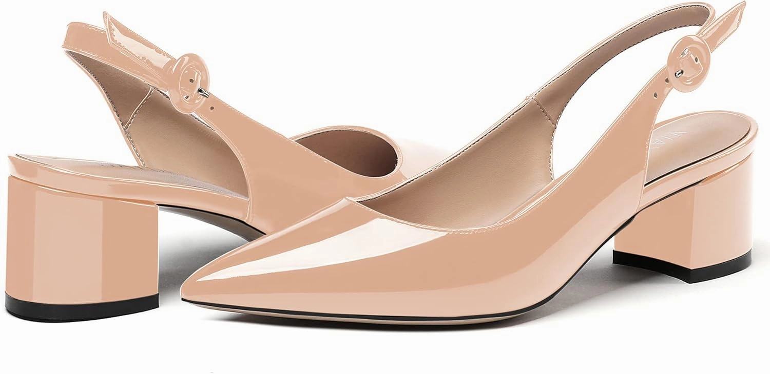 WAYDERNS Women's Patent Leather Ankle Strap Pointed Toe Slingback Low Kitten Heel Pumps Office Work Dress Shoes 2 Inch