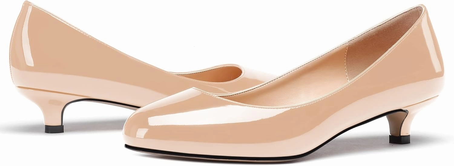 WAYDERNS Women's Patent Round Toe Slip On Low Kitten Heel Pumps Offress Work Dress Shoes 1.5 Inch
