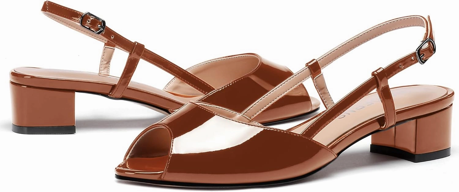 WAYDERNS Women's Slingback Patent Ankle Strap Peep Toe Chunky Low Heel Pumps Shoes 1.5 Inch