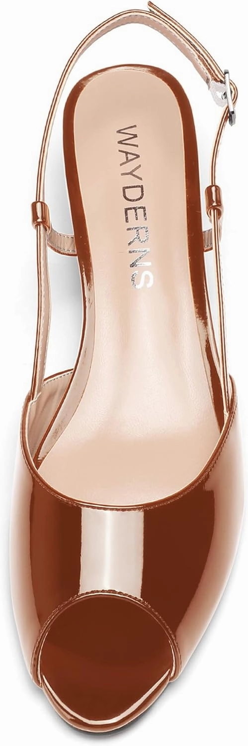 WAYDERNS Women's Slingback Patent Ankle Strap Peep Toe Chunky Low Heel Pumps Shoes 1.5 Inch