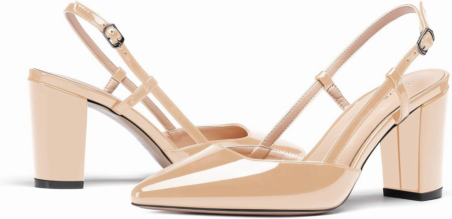 WAYDERNS Women's Slingback Pointed Toe Patent Ankle Strap Block High Heel Pumps Wedding Event Dress Shoes 3 Inch
