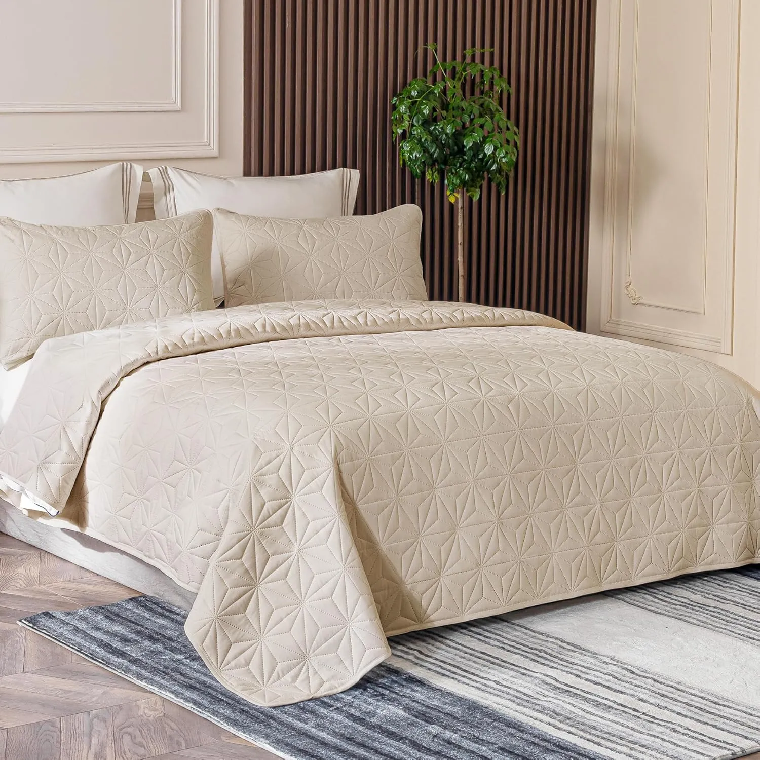 Whale Flotilla Queen Quilt Bedding Set, Soft Brich Beige Bedspreads Quilts Queen Size for All Seasons, 3 Pieces Lightweight Geometric Star Pattern Coverlet