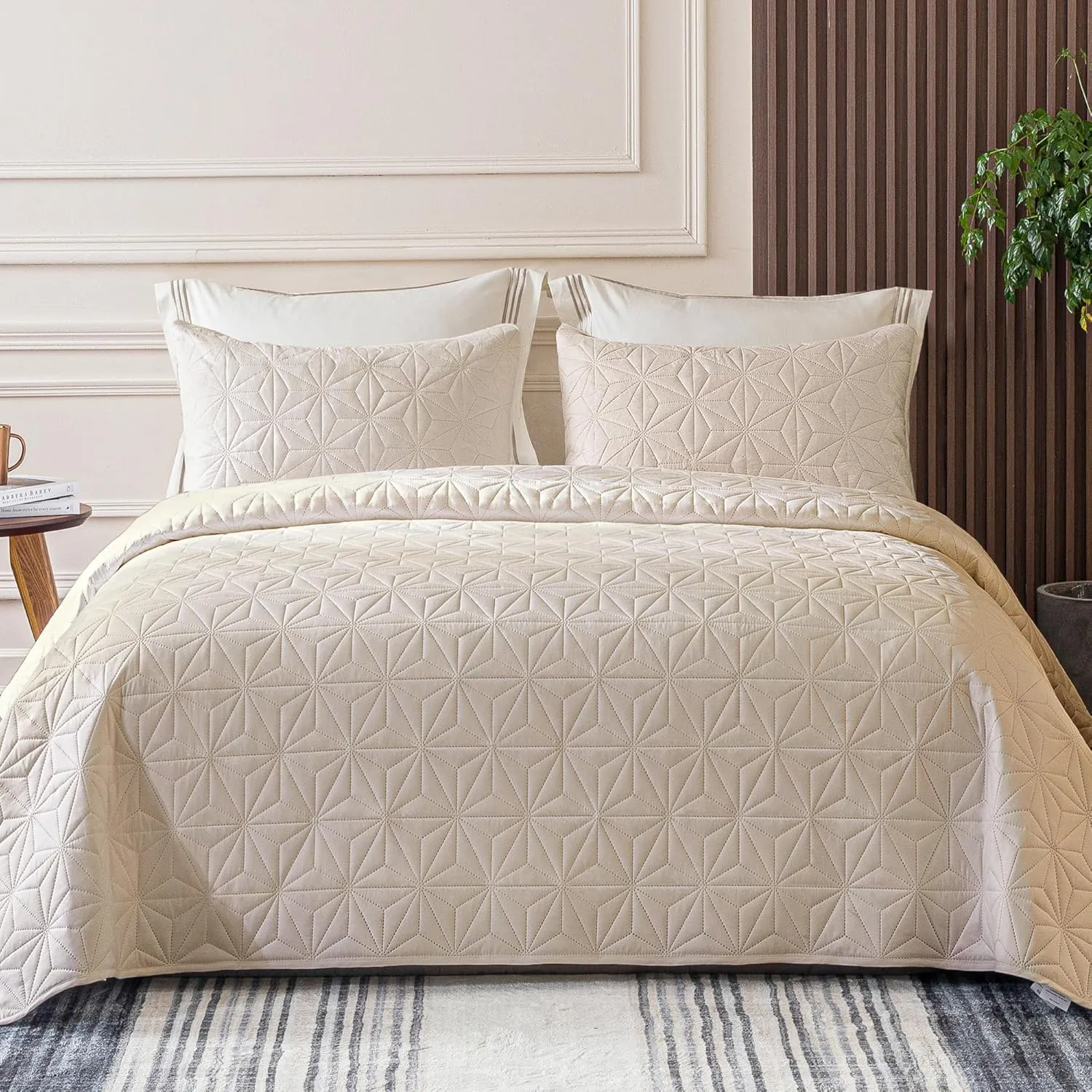Whale Flotilla Queen Quilt Bedding Set, Soft Brich Beige Bedspreads Quilts Queen Size for All Seasons, 3 Pieces Lightweight Geometric Star Pattern Coverlet