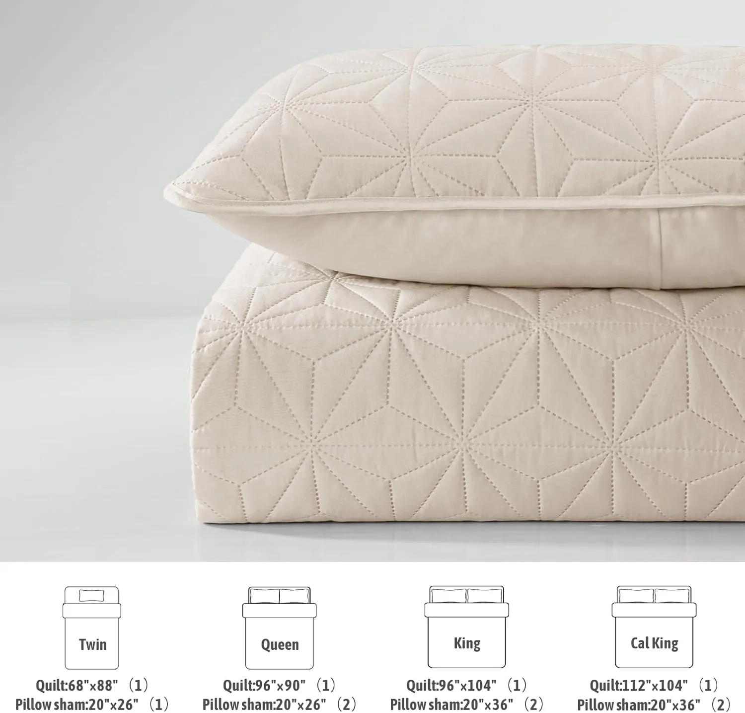 Whale Flotilla Queen Quilt Bedding Set, Soft Brich Beige Bedspreads Quilts Queen Size for All Seasons, 3 Pieces Lightweight Geometric Star Pattern Coverlet