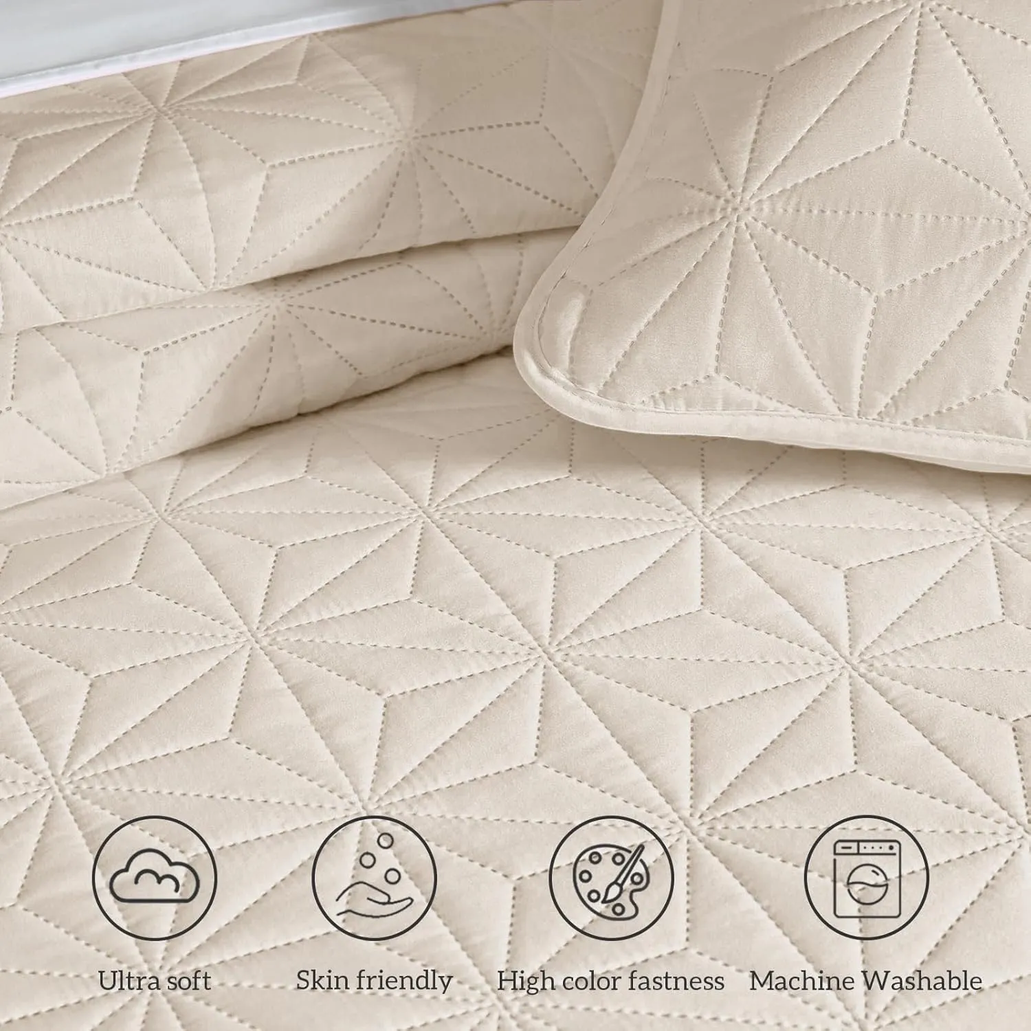 Whale Flotilla Queen Quilt Bedding Set, Soft Brich Beige Bedspreads Quilts Queen Size for All Seasons, 3 Pieces Lightweight Geometric Star Pattern Coverlet