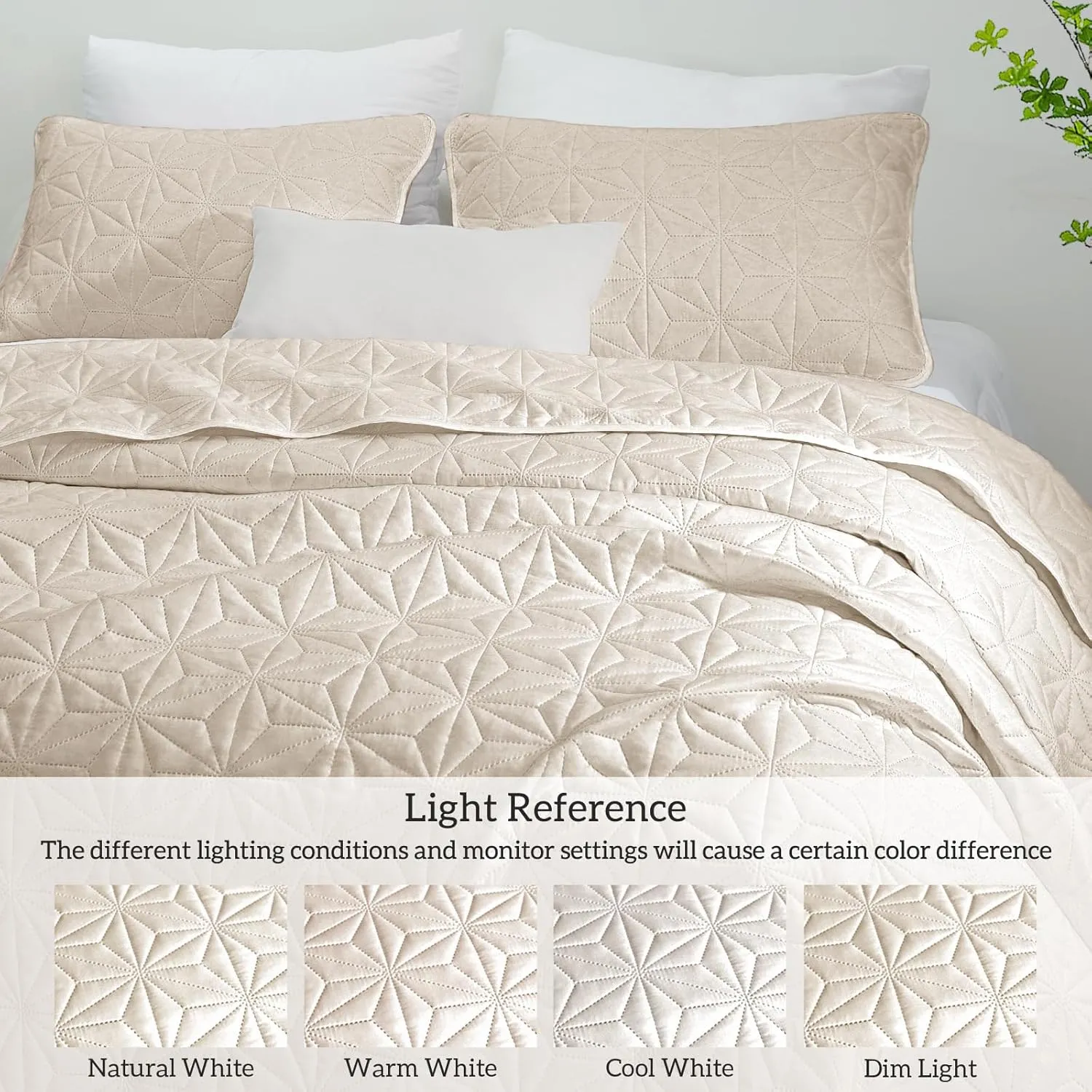 Whale Flotilla Queen Quilt Bedding Set, Soft Brich Beige Bedspreads Quilts Queen Size for All Seasons, 3 Pieces Lightweight Geometric Star Pattern Coverlet